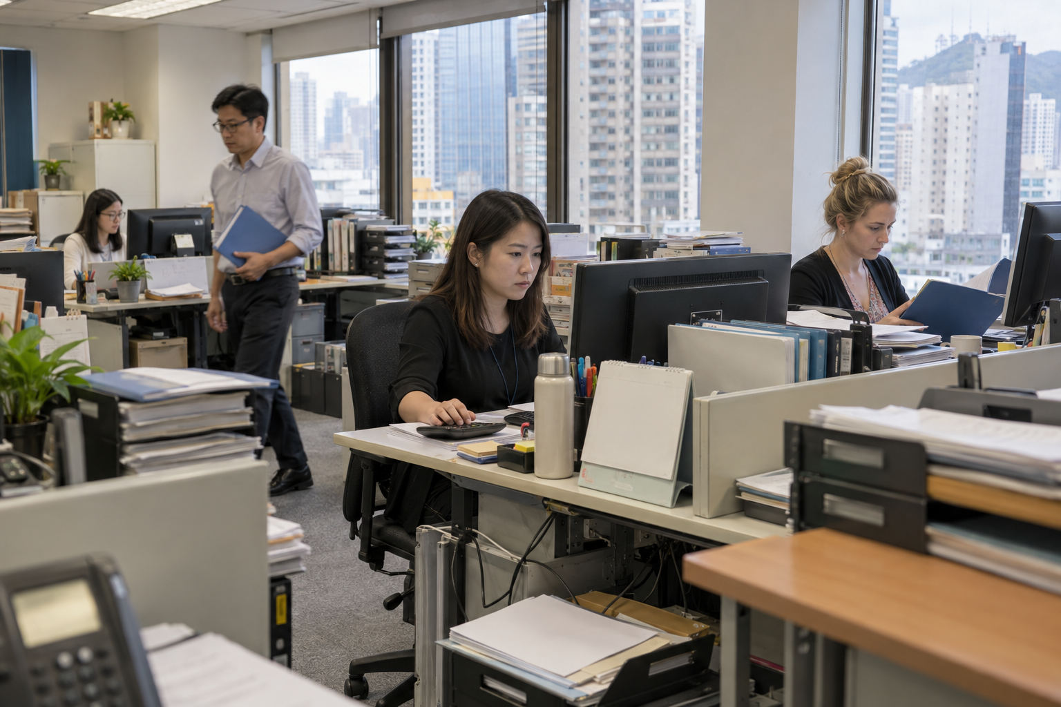 People working at nearby desks in a busy accounting office, with monitors, files and paperwork in use