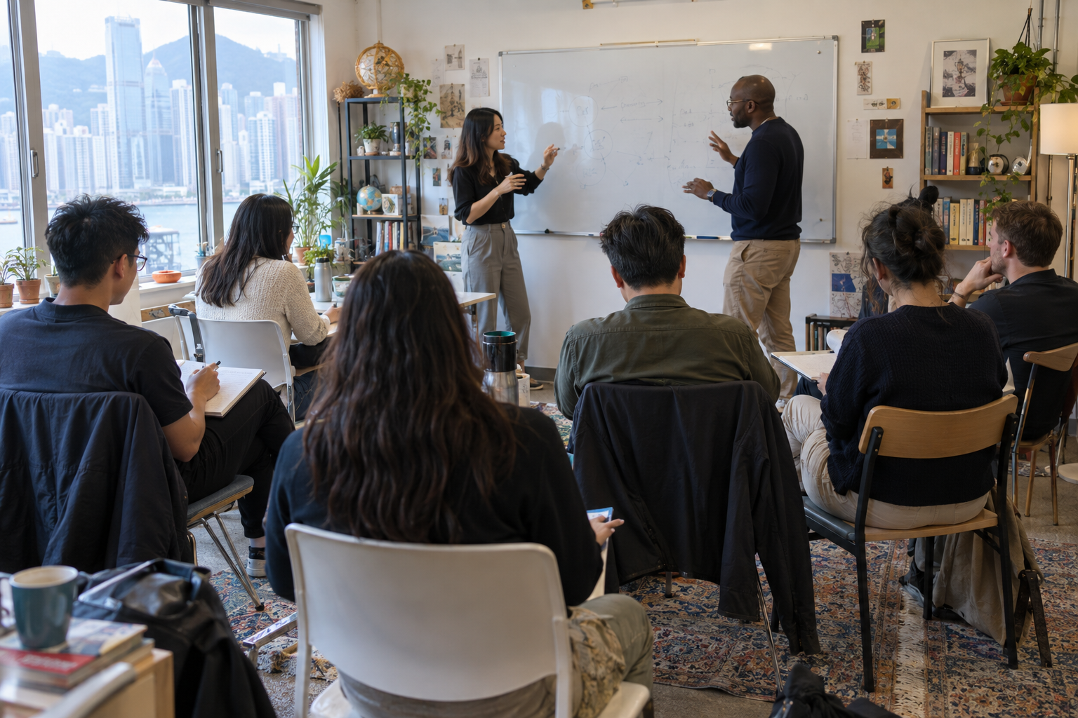 Two adult tutors exchanging ideas at a classroom whiteboard