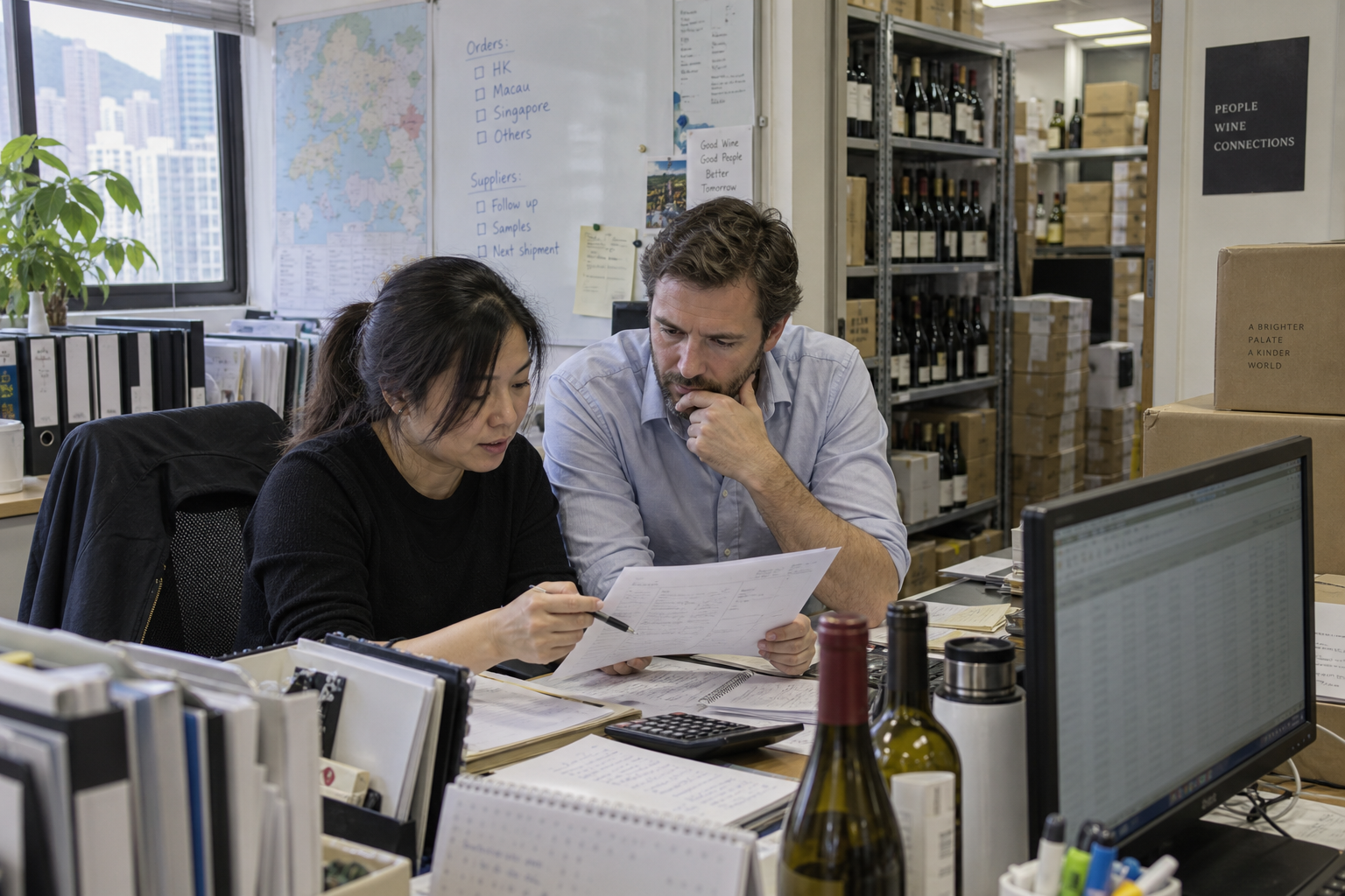 Colleagues reviewing orders in a working wine distribution office, with bottles and stock cartons nearby